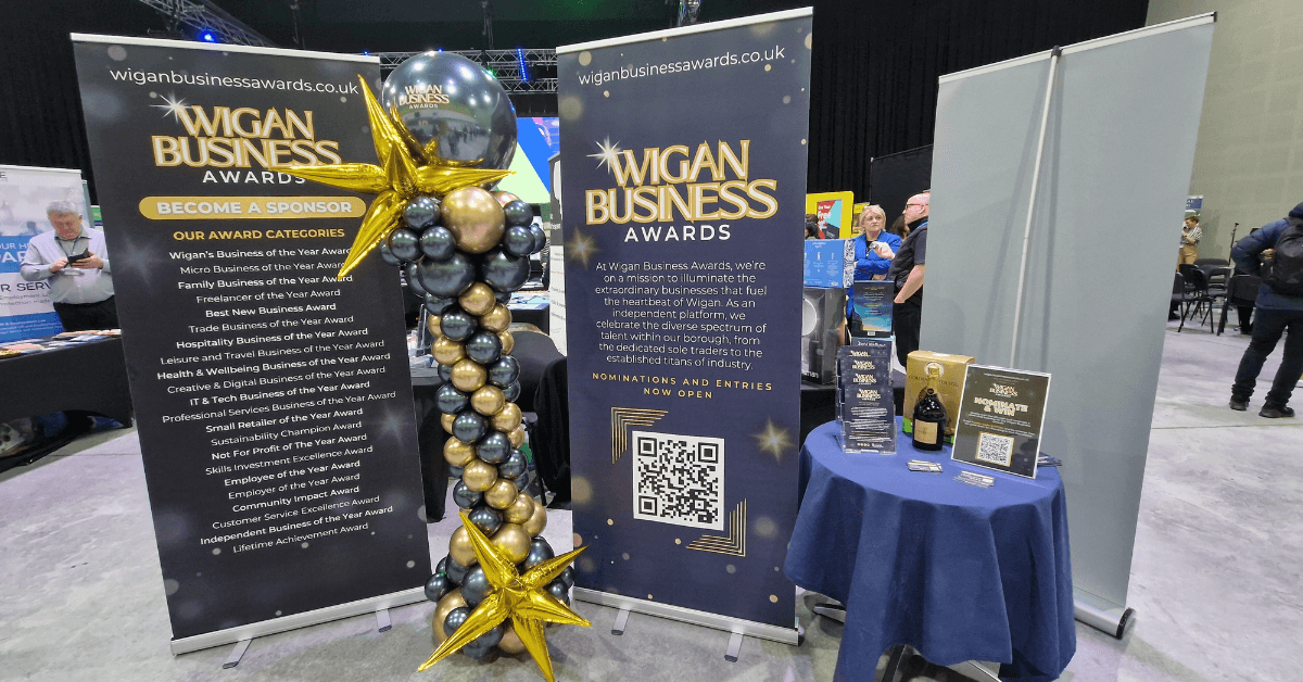 Wigan Business Awards roller banners set up at Business Expo Wigan