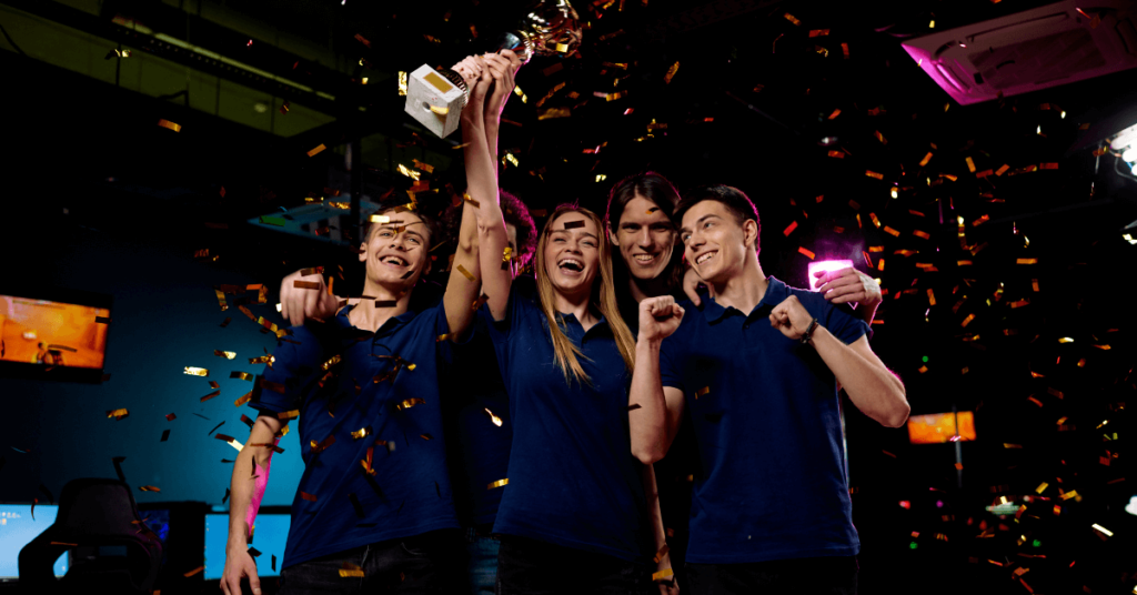 a group of people hold an award