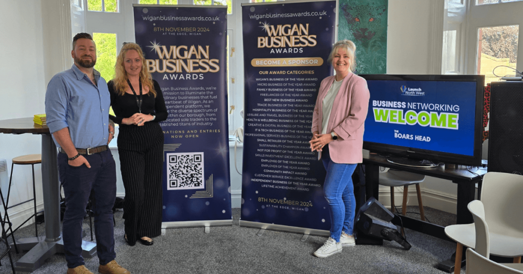 Image shows – Wigan Business Awards Sponsors, IT & Comms Experts Andy Corrin and Emma Napier from Benchmark North with Event Organiser Jo Leigh from Launch Events NW