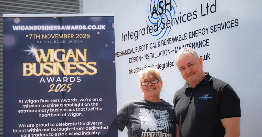 Wigan Business Awards Organiser Nichola Howard with Antony Grace Company Director of ASH Integrated Services