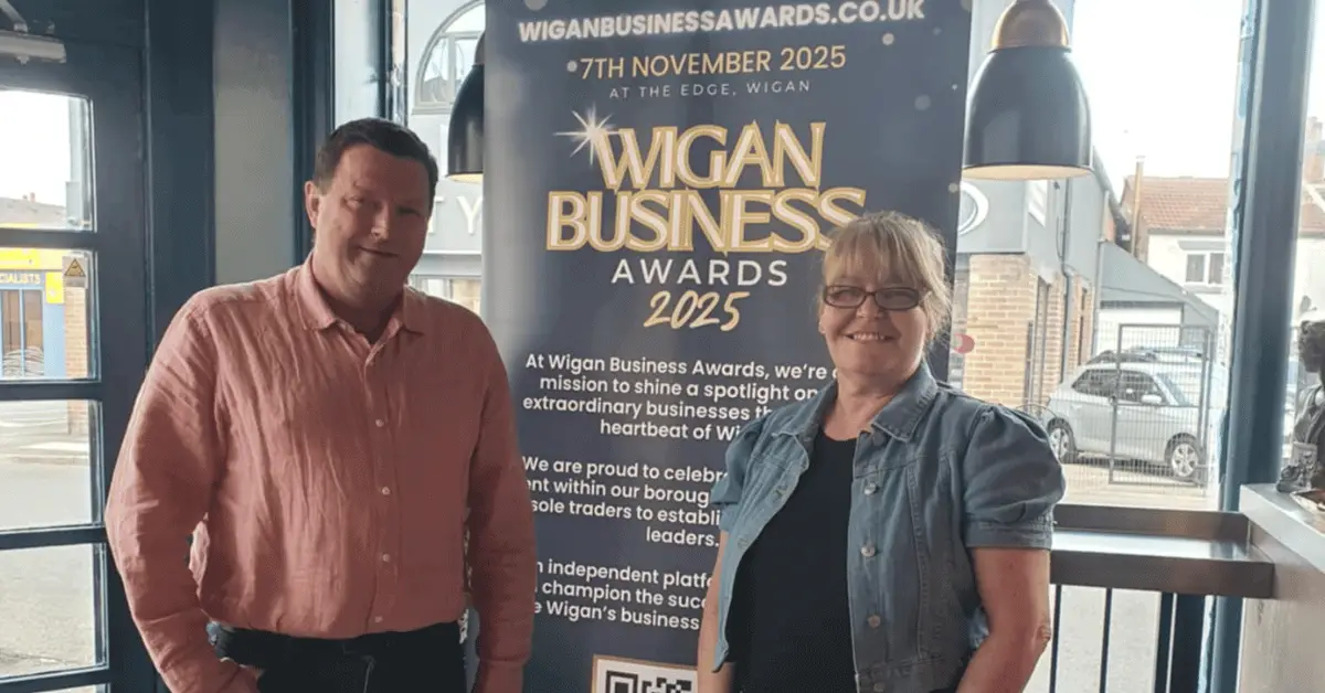 Wigan-Business-Awards-Sponsor-James-Carman-from-365-People-Support-with-event organiser from Launch North West