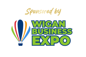 Wigan Business Expo logo with colourful hot air balloon graphic and the words “Sponsored by” above.